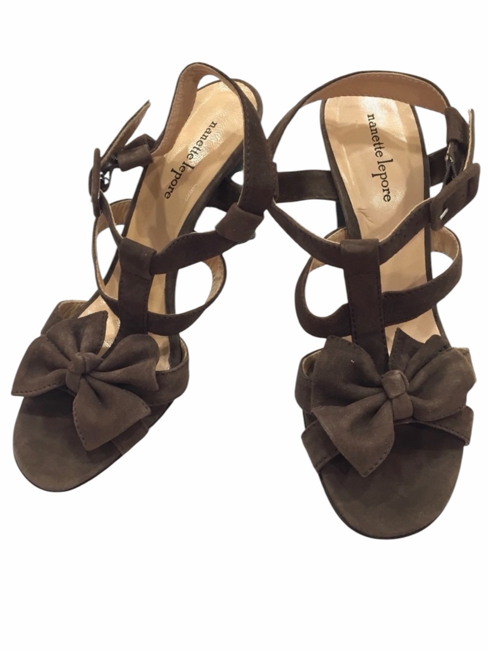 Nanette Lepore Brown Suede Bow Heels Strappy Sandals Made in Italy
